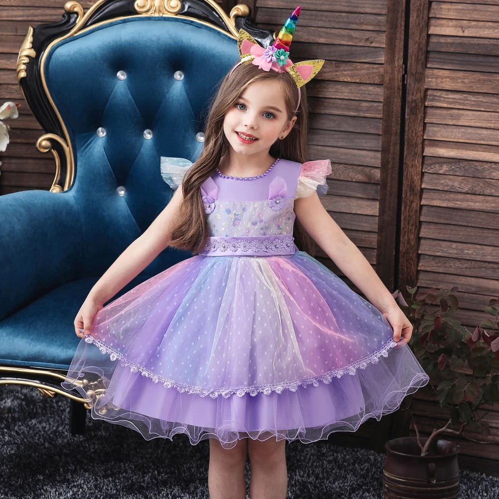 

Child wedding dress for girl princess dress beaded for festival party lovely purple night dress baby girl frock for baptism