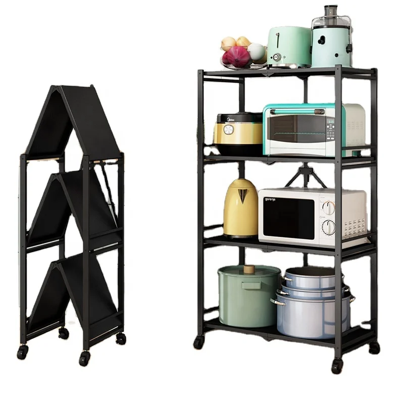 

Source manufacturers multi-functional kitchen floor shelf installation free multi-layer folding shelf storage artifact, Black