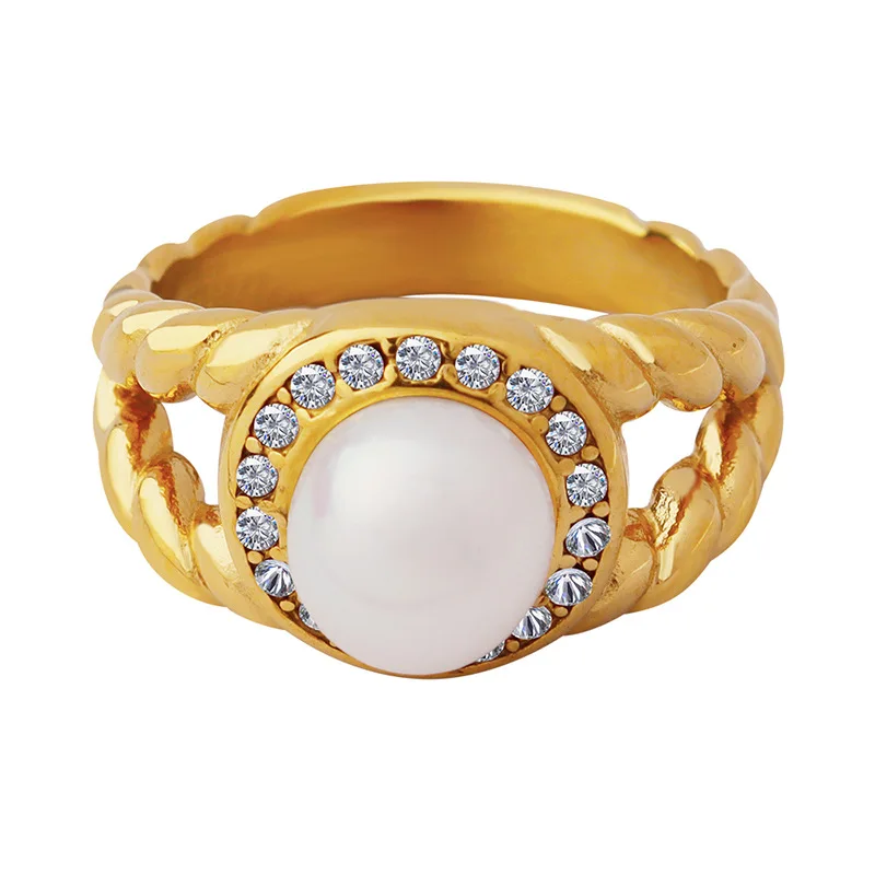 High End 18K Plain Gold Fresh Water Pearl Zirconia Pave Rings Stainless Steel Trendy Luxury Gold Plated Jewelry