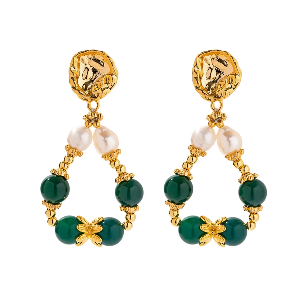 

Vintage Double Twist Hoops Jewelry 18K Brass Gold Plated Classical Green Agate Grain Drop Earring