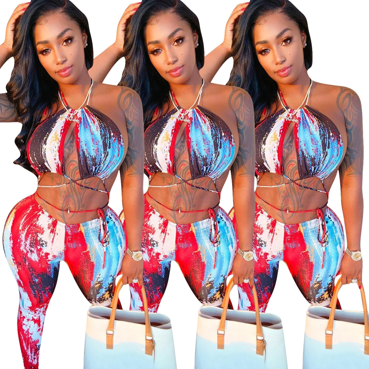 

2021 New Arrivals Women Sexy Halter Bandage Backless Printing Crop Top Bra and Skinny Trousers Suit Summer Two Piece Pants Set, Picture
