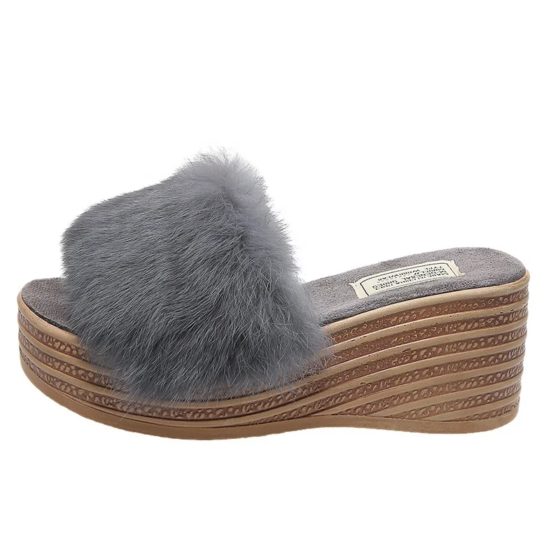 

Slippers women's fashion 2021 new thick-soled wedge heel outer wear all-match one-line fluffy Slippers, Picture