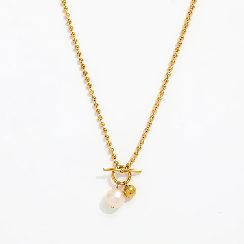 Joolim Jewelry 18K Gold Plated Fresh Water Pearl Pendant Toggle Bead Chain Necklace Stainless Steel Jewelry