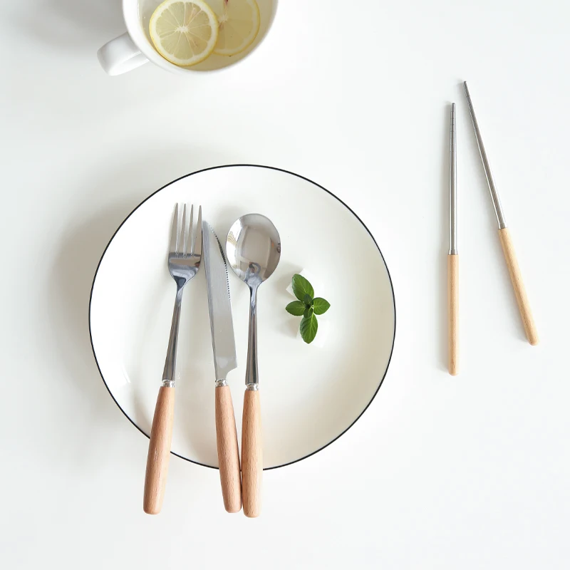 

Natural Wooden Handle Fork Spoon Knife Flatware Set Reusable Stainless Steel Cutlery With Gift Box, Eco-friendly silver plated