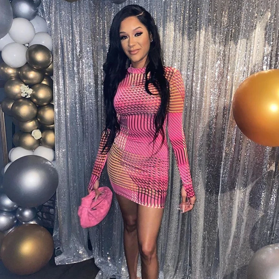 

Kliou K20D09798 2021 New Arrivals Autumn Striped Print Hole Long Sleeve O-Neck Stylish Sexy Dress Women Casual Dresses