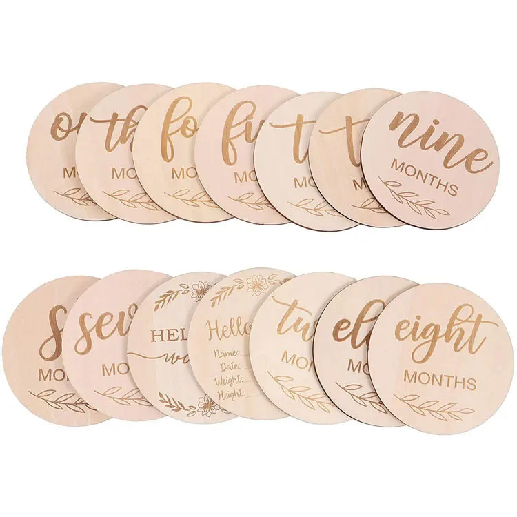 

14pcs Set Leaf Style Baby Birth and Monthly Announcement Milestone Marker Discs Round Wooden Plaque