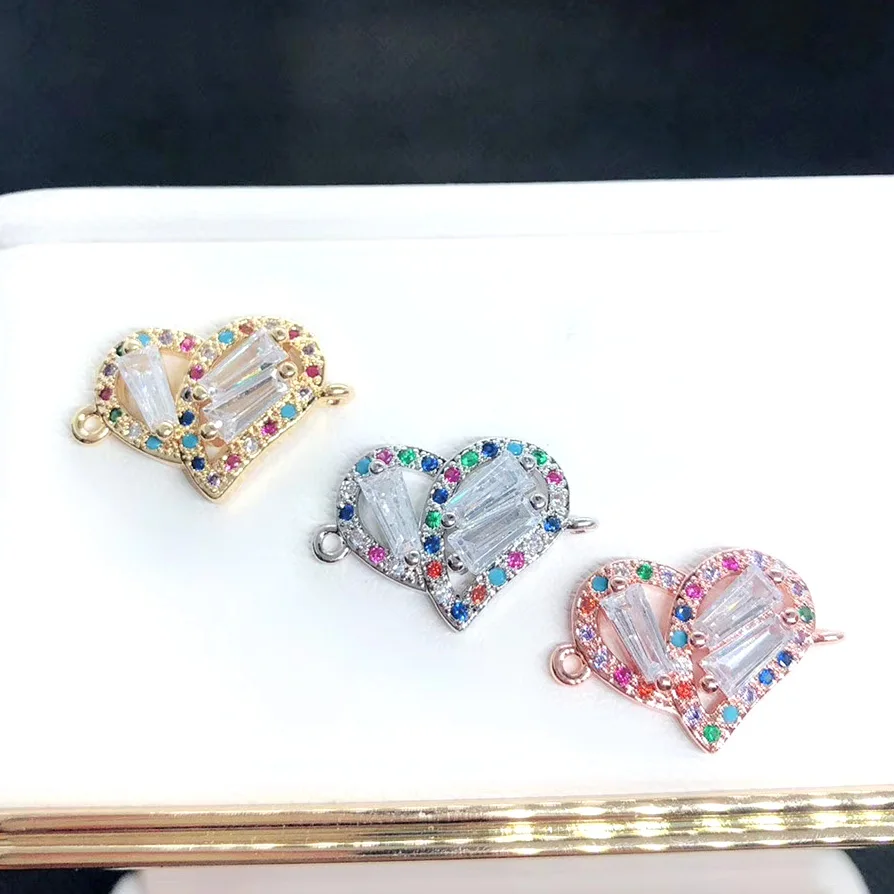 

Hot Sale CZ Connector Fashion Colorful Cubic Zircon Micro Pave Charm Jewelry Heart Shape Connector, As picture