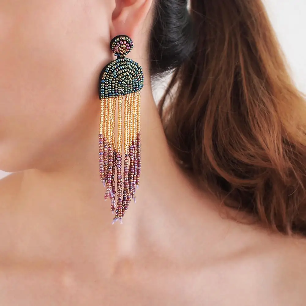 

HANSIDON High quality handmade bohemian fashion long seed beads tassel earrings resin women jewelry, Red,green,black