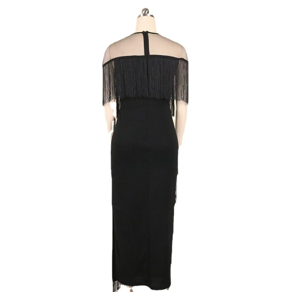 

Stitched multi-layer tassels high waist buttocks black evening dress women's oversize perspective mesh stitching dress