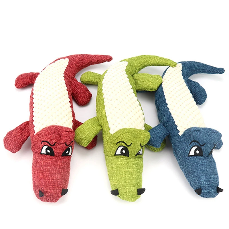 

New Design Indoor Durable Chewing Linen Crocodile Dog Tug Toys, Portable Aggressive Stuffed Play Squeaky Chew Toy For Dogs, Blue, red, green