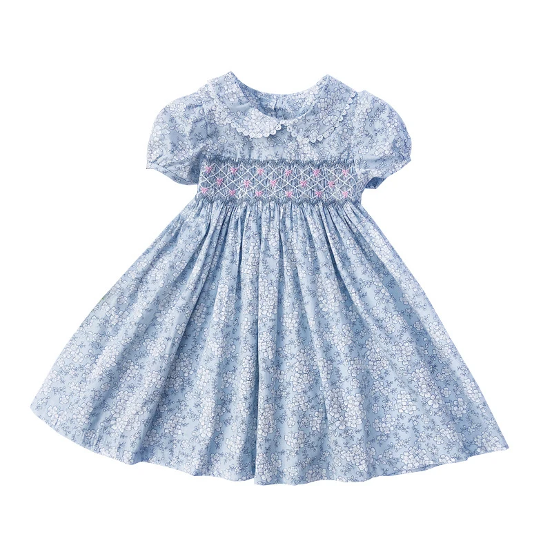 

Hot Sale Short Sleeve Toddler Girls Clothing Hand Smocked Lace Children Smocked Dress With Flower, Blue,pink