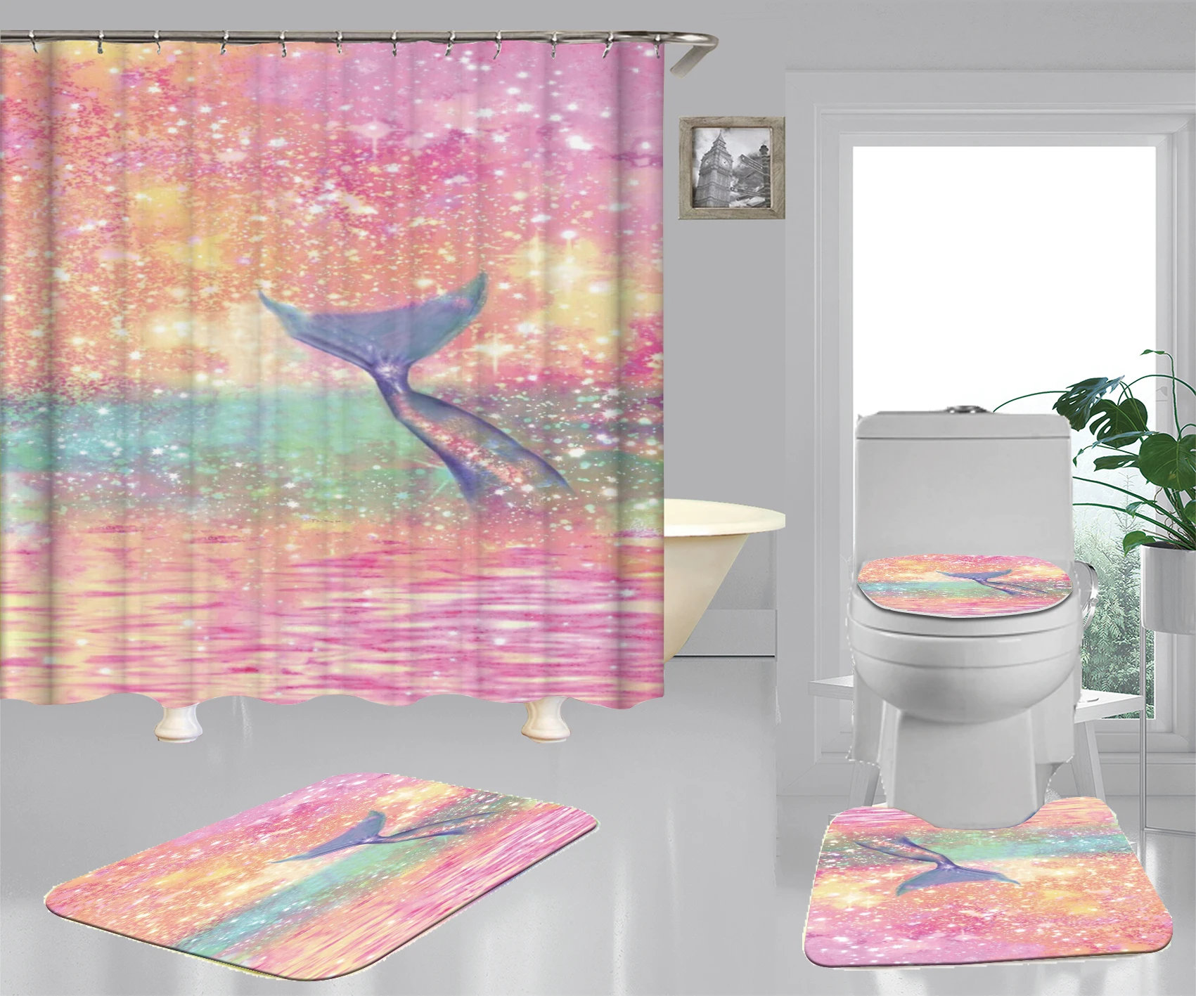 

Pink Tail Dreamlike Girl Room Cartoon Shower Curtain Non-slip Mat For Family Toilet