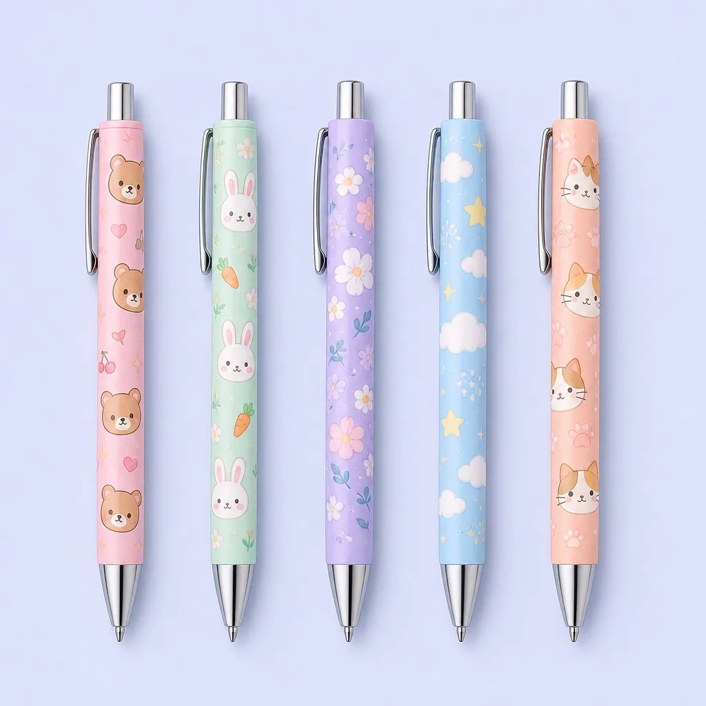 Five pastel ballpoint pens in a row with different patterns