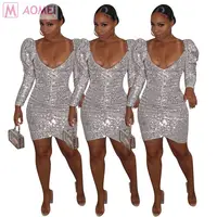 

Y1103 latest design long petal sleeve wrinkled sequins Bodycon Short Dress Dresses Women Lady