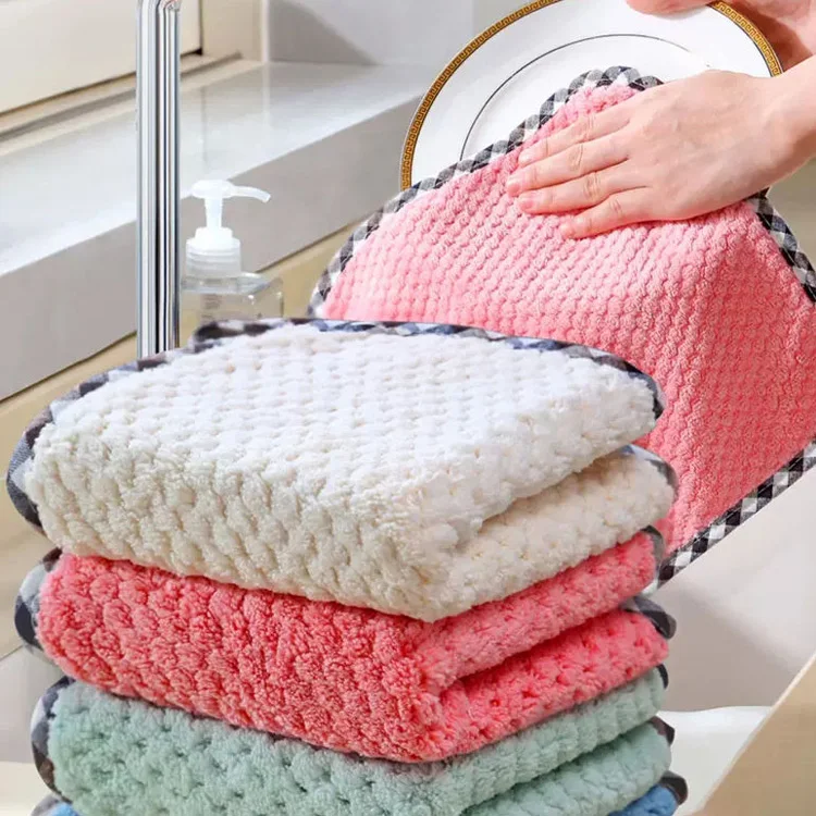 

Wholesale Hanging Scouring Cloth Microfiber Absorbent Dish Thickened Sassafra Hand Towel Kitchen Cleaning Dish Towel