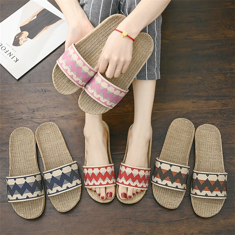 

Women Flax Slippers Sandals Summer Comfortable Non-slip Ladies Flip Flop Cross-tied Casual Indoor Shoes Multicolor, 4 colors