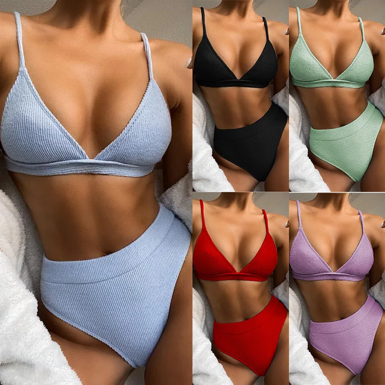 

2021 New High Waist Women Sexy Solid Thong Mini Bikini Set Push-Up Pad Swimwear Swimsuit Beachwear Summer Ladies, Red, blue, green, black, purple