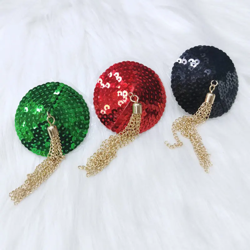 

Women Lingerie Accessories with Chain Sexy Sequins Nipple Pasties with Tassel Breast Decoration Red Nipple Covers Reusable
