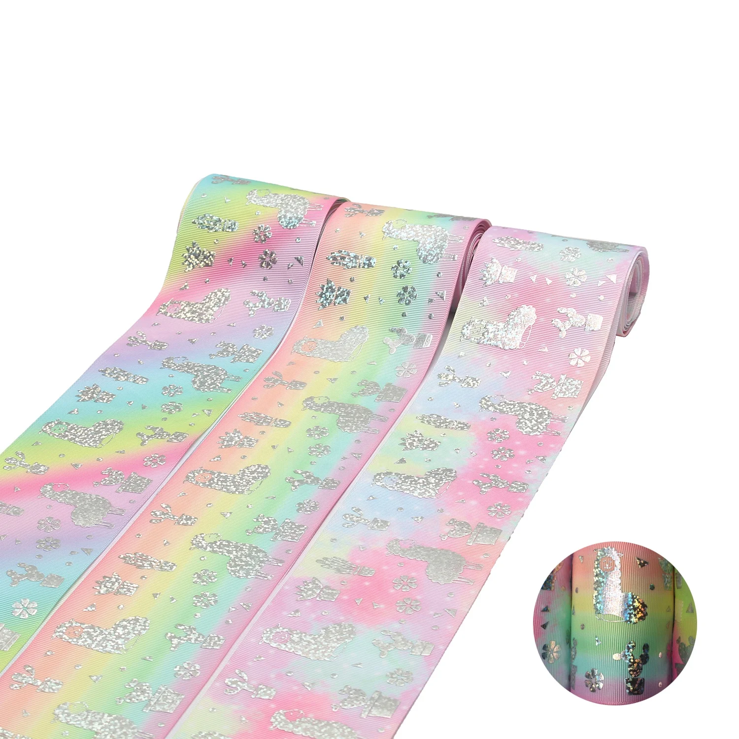 

3" Character Foil Hologram Rainbow Alpaca Printed Laser Grosgrain Ribbon For DIY Crafts