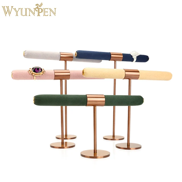 

WYP suede leather T-Bar Gold Metal Rings Earrings Necklace Jewelry Stand Holder ring holder ring display stand