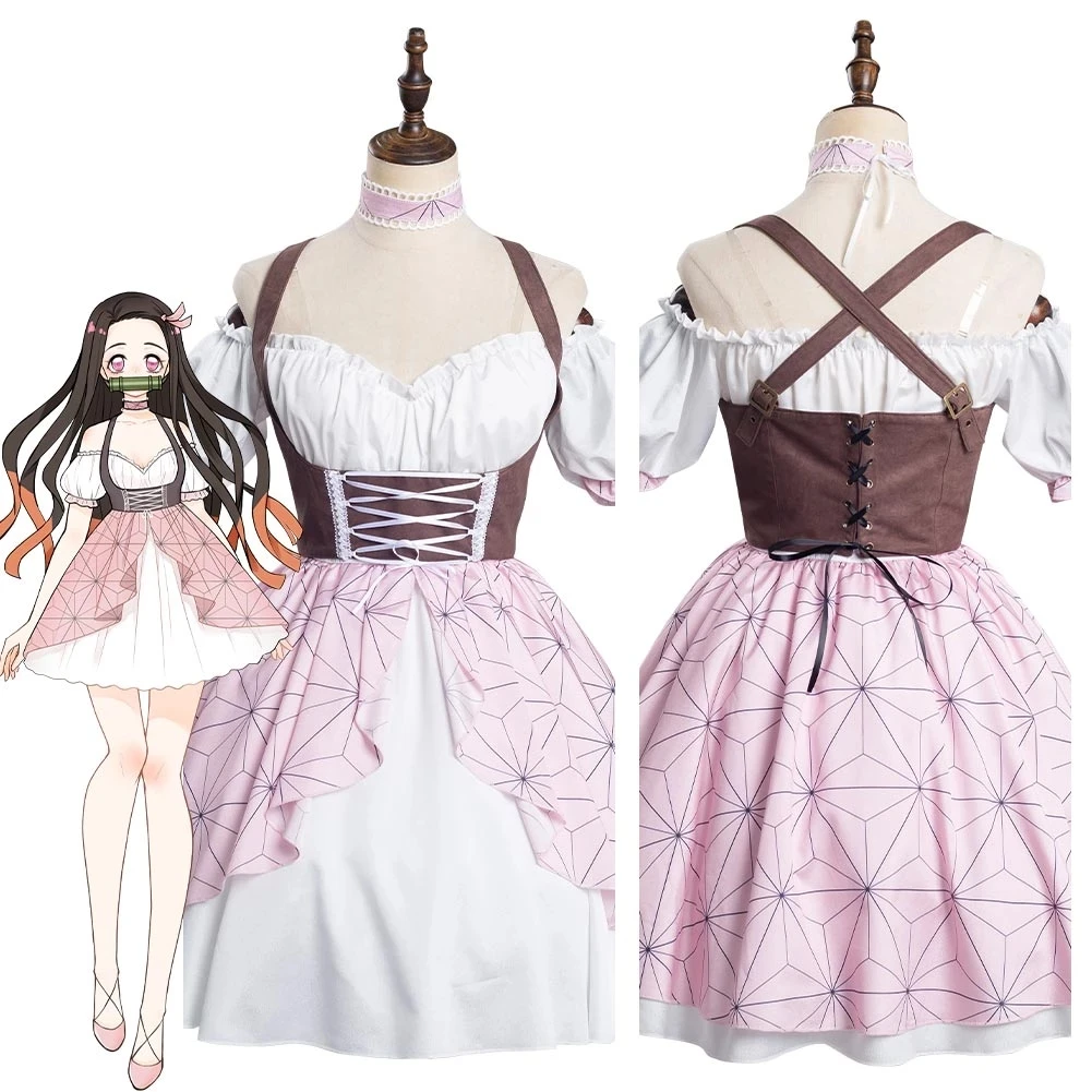 

Anime Demon Slayer Kamado Nezuko Cosplay Costume Lolita Dress Outfits Halloween Carnival Suit, Pink