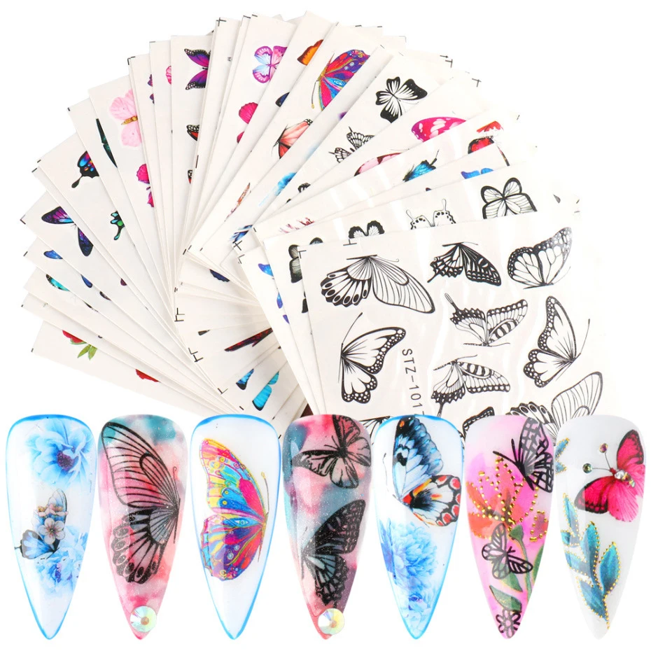 

Paso Sico Nail Art Stickers Slider Butterfly Transfer Water Set Colorful Floral Manicure Decals Nail Art Decor Foil