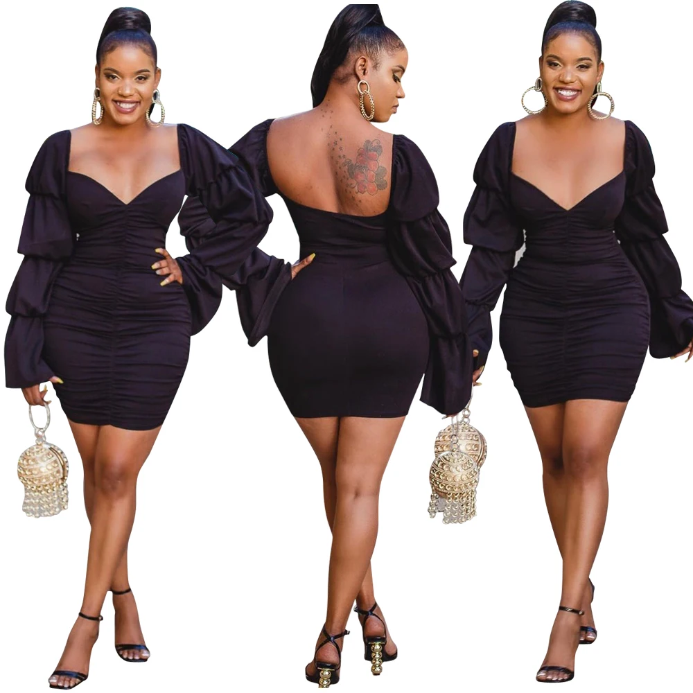 

Foma-clothing 830 new Autumn winter women fashion sexy Bubble sleeve Dress women's long sleeve dresses, As pictures