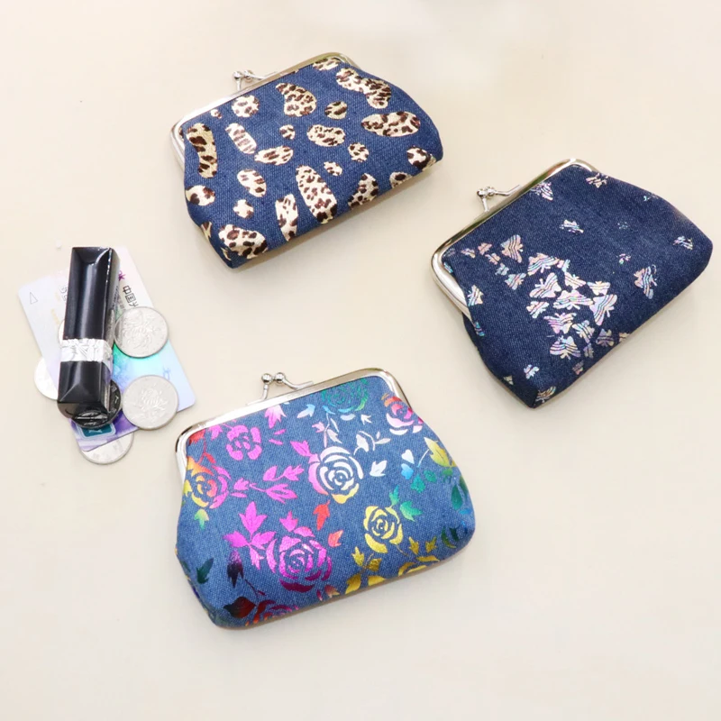 

New Denim Hot Stamping Leopard Rose Butterfly Creative Coin Purse Buckle Lady Card Holder Clasp Coin Purse, 3 colors