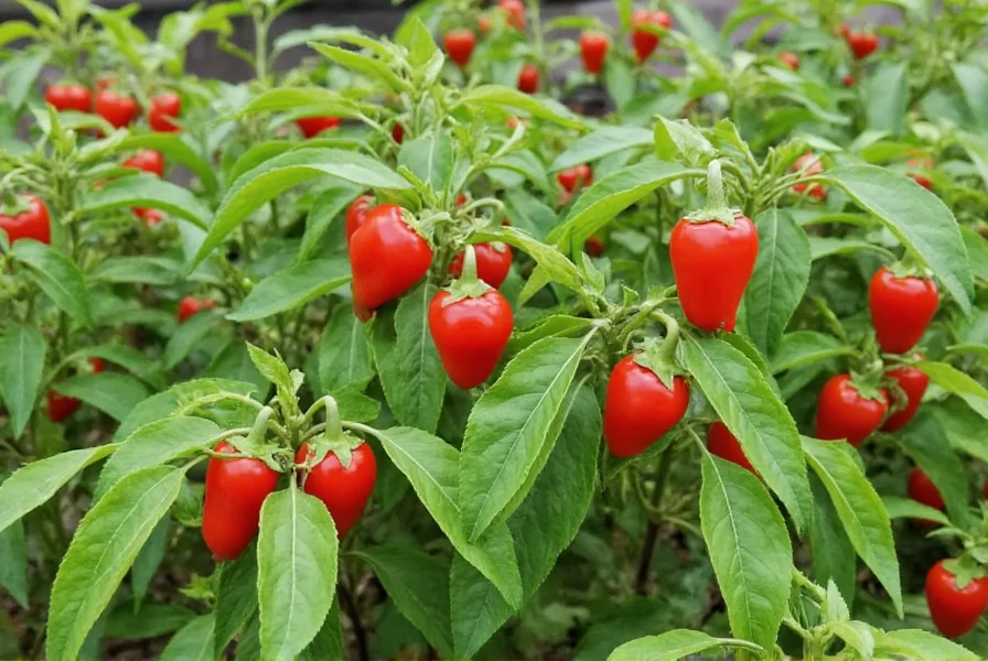 Red Pepper III mature plants showing vibrant red bell peppers on bushy green foliage in a garden setting