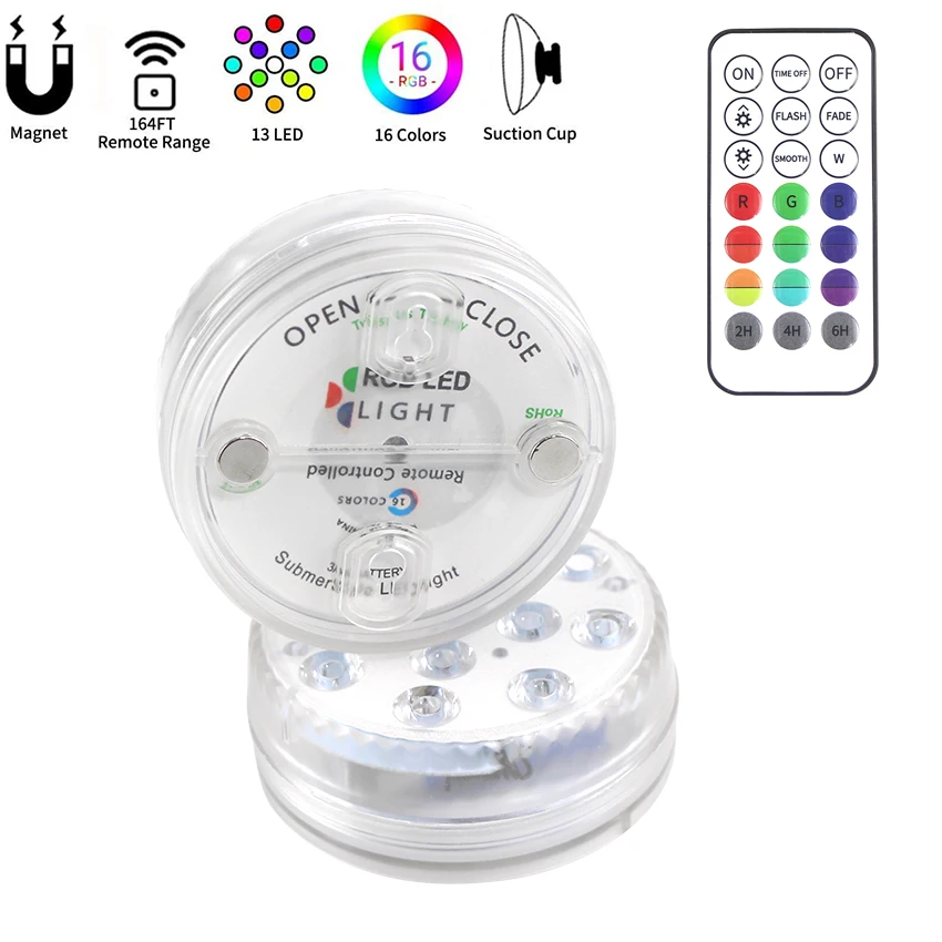 

8pcs/pack 8.5cm 13 LEDS RGB Led Submersible Light Magnetic Suction Cups Remote Control LED Light