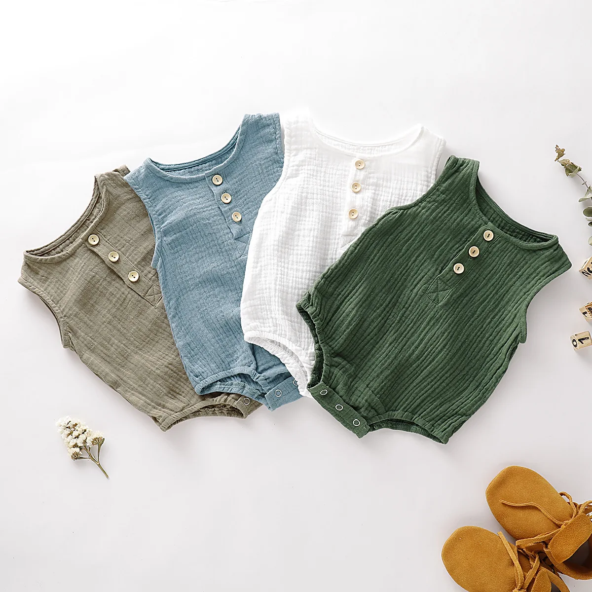 

OEM ODM Newborn Infant Clothing Toddler Boys Sleeveless 100%Organic Cotton Muslin Bodysuits Girls Baby Romper, Photo showed and customized color