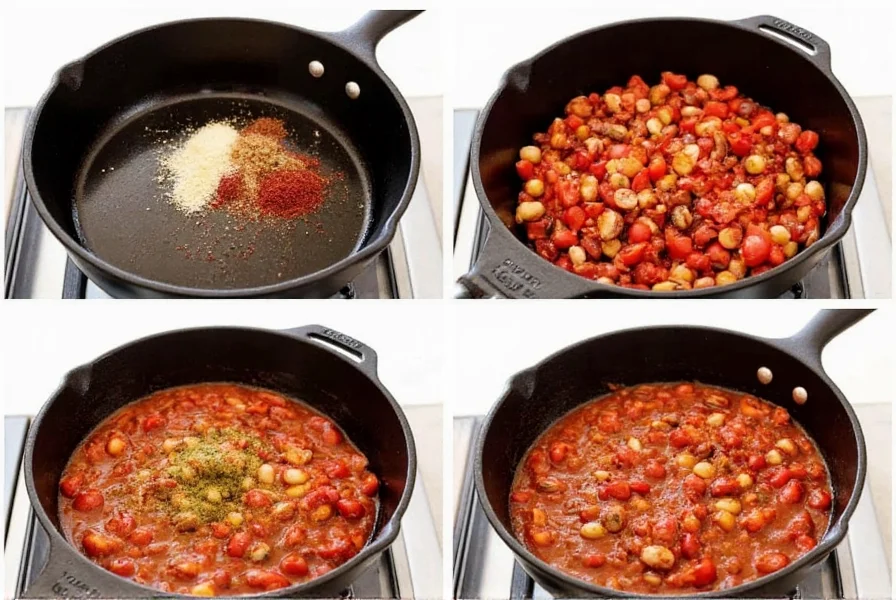 Step-by-step preparation of vegetarian chili in a cast iron pot with beans, tomatoes, and spices