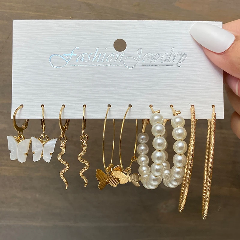 

17KM Bohemian Gold Snake Butterfly Drop Earrings Set For Women Pearl Acrylic Dangle Earrings Trend Set of Earrings Jewelry