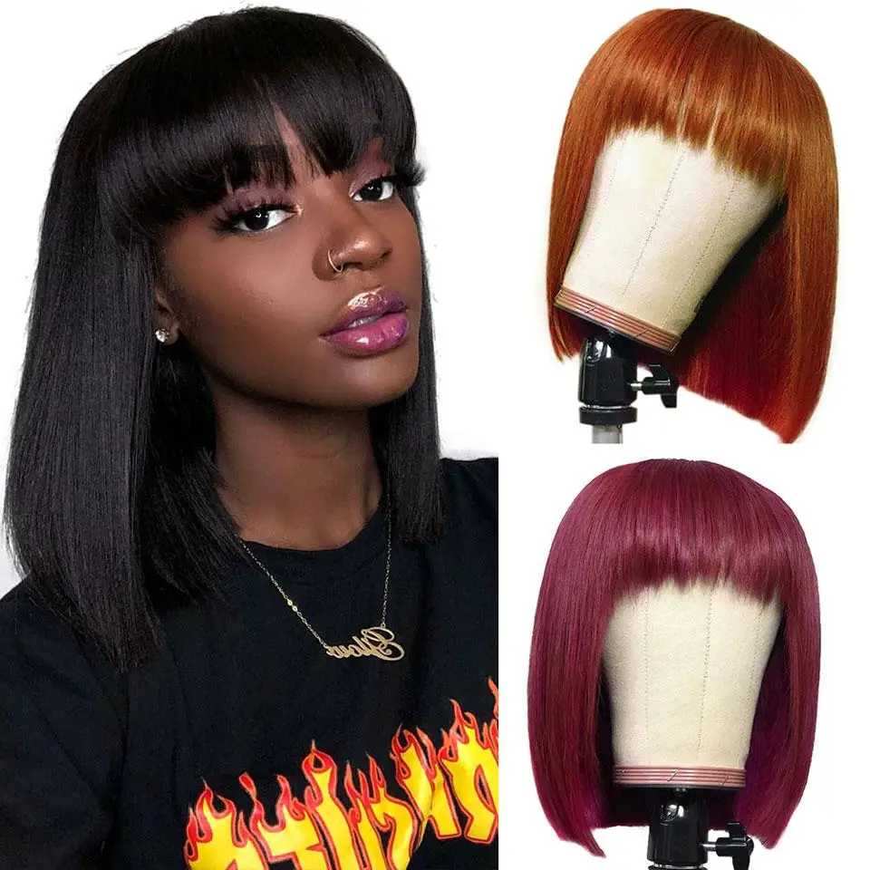 

Wxj Burgundy Red 99J Short Bob Wigs With Bangs None Lace Front Human Hair Wigs Indian Remy Hair Straight Wig For Black Women