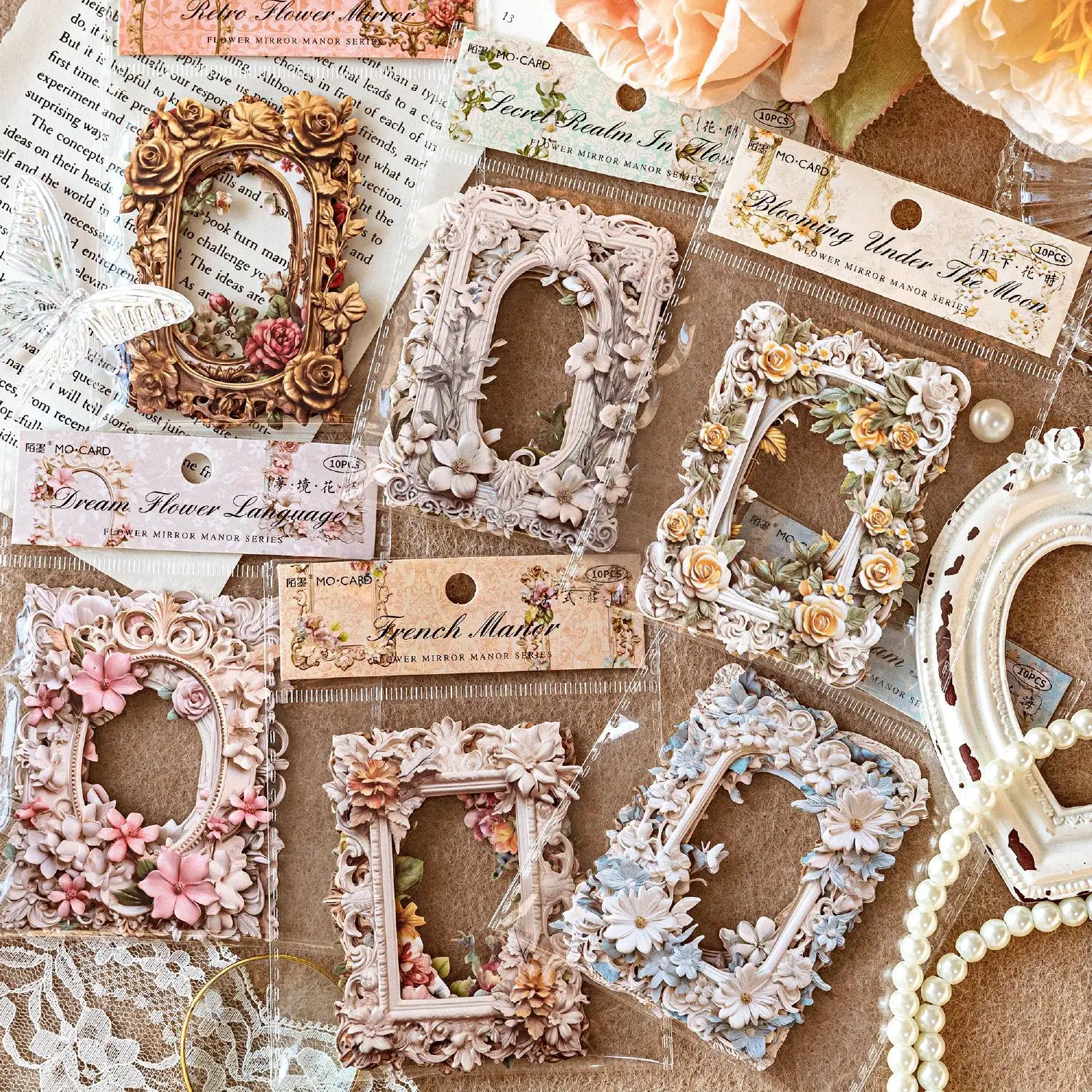 

10 pieces per pack collage card flower mirror manor series flower retro hollowed out frame handmade tent decoration 6 styles