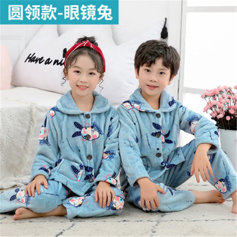 

2020 Autumn Winter New Children's Homewear Flannel Pajamas Suit Cardigan Boys Girls Thicken Coral fleece Pajamas