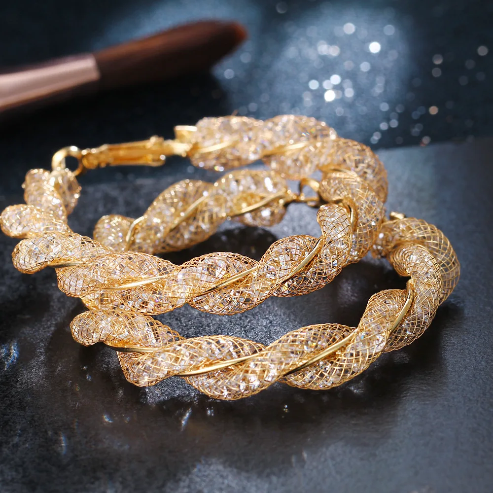 

18k gold plated mesh twist crystal 50mm hoop earrings for women, Gold/silver