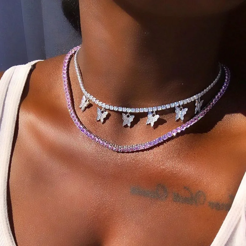

Hot Sale Crystal Rhinestone Tennis Chain Butterfly Pendant Choker Necklace For Girls, Silver gold