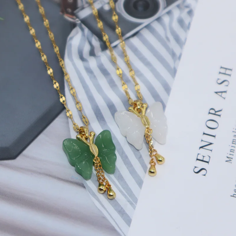 

NUORO Hot Selling Stainless Steel Non Tarnish Free Chain Necklace Natural White Green Jade Butterfly Pendant Necklace