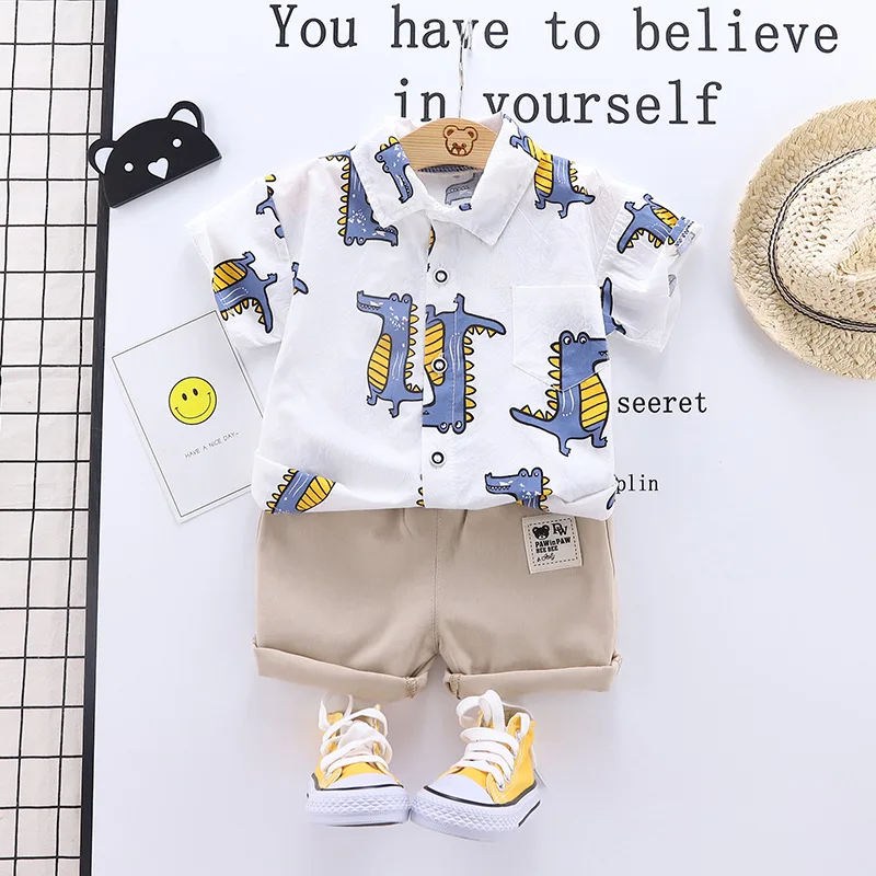

Cotton Fashion Cartoon Dinosaur Shirt 2pcs Set Kids Summer Clothes For Baby Set, As pictures