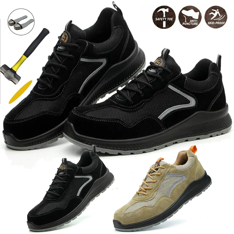 

Men Women Insulated Work Boots Anti-smash Anti-puncture Safety Shoes Steel Toe Anti-static Cowhide Sport Shoes, Khaki black
