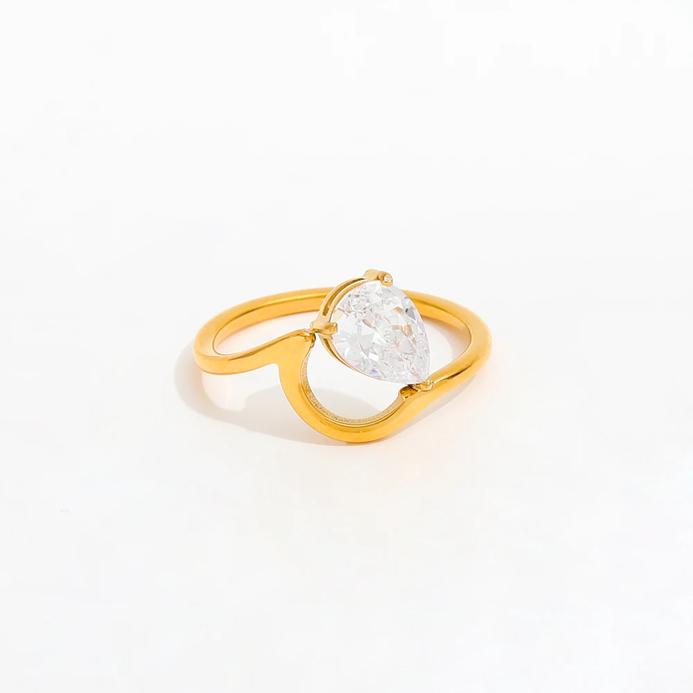 High End 18K Plain Gold Water Drop Zirconia Irregular Lines Rings Stainless Steel Trendy Simple Gold Plated Jewelry