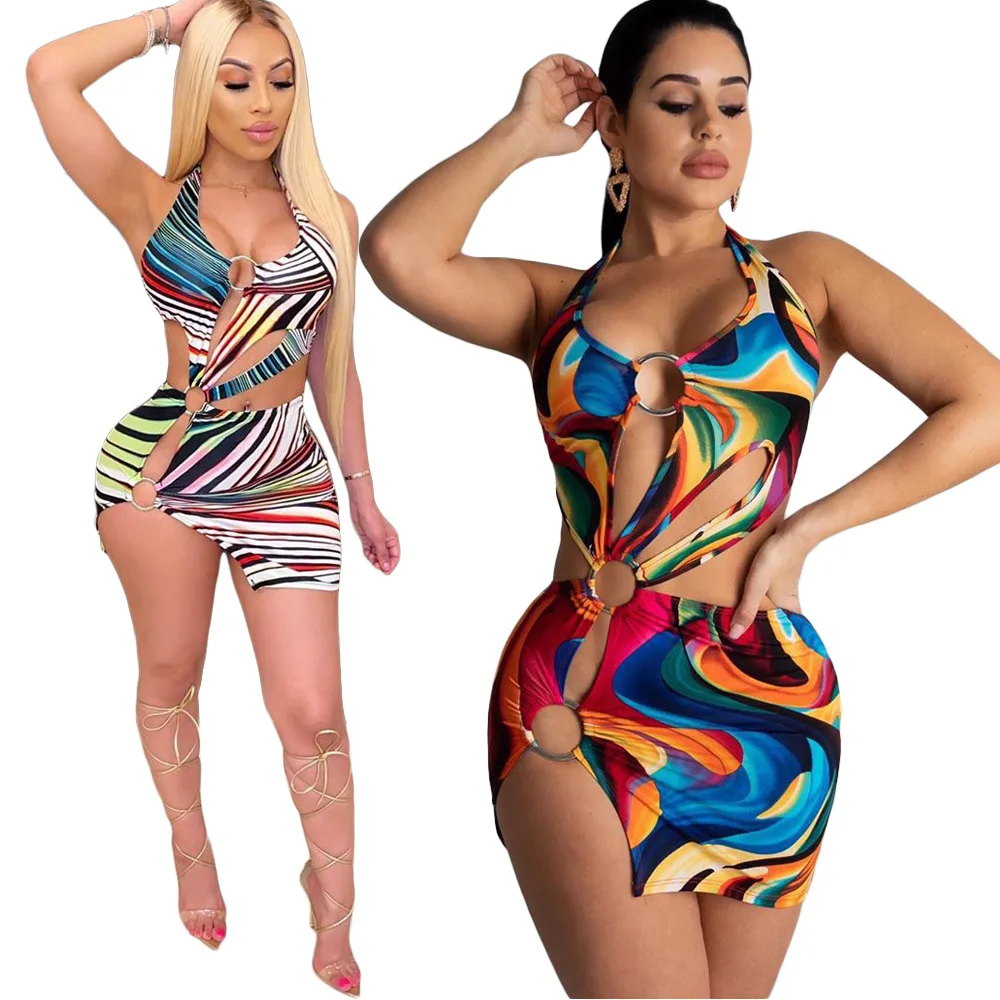 

Summer Sexy Club Outfits Multicolor Backless Halter Tie Back Short Mini Slit O Ring Cut Out Dress Vestidos Cortos