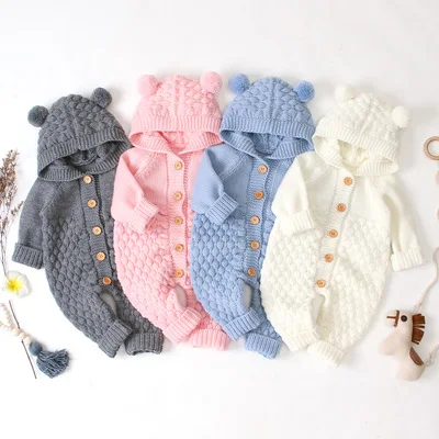 

2019 baby clothes winter knitted sweater romper toddler baby girl bear ear hooded romper for 0-2Y infant girls party jumpsuit