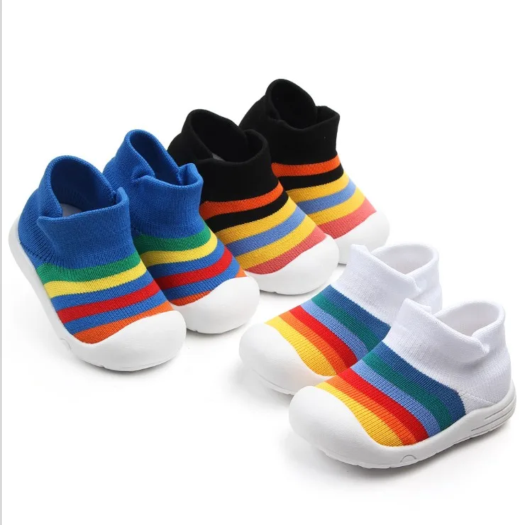 

Children's breathable soft mesh upper knitted shoes toddler baby prewalker boys girls first walk baby stripe Casual Shoes