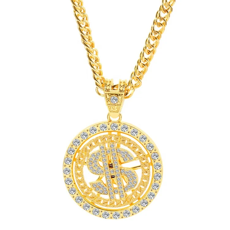 

Newest Hip Hop Jewelry 18k Gold Plated Cuban Chain Necklaces Cubic Zirconia CZ Rotatable Round Dollar Sign Pendant Necklace