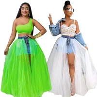 

New Design Womens Denim Mini Skirt with Mesh Tulle Maxi Dress Long Denim Tulle Skirt