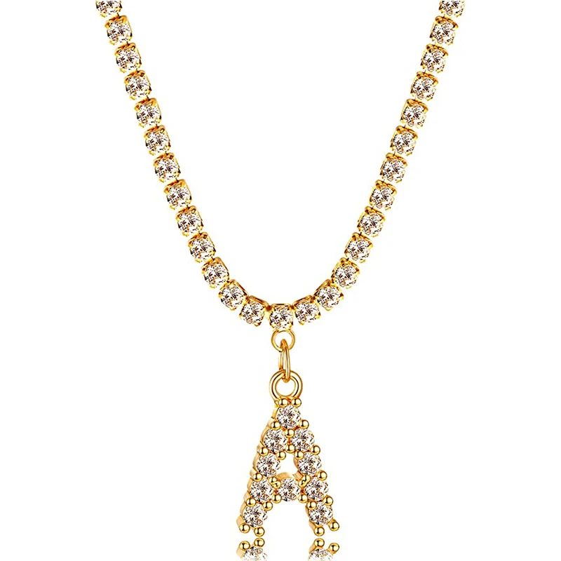 

Amazon Hot Sale Gold Plated Choker Necklace Cubic Zirconia Tennis Nacklace Classic Letter Initial Pendant Necklace for Women