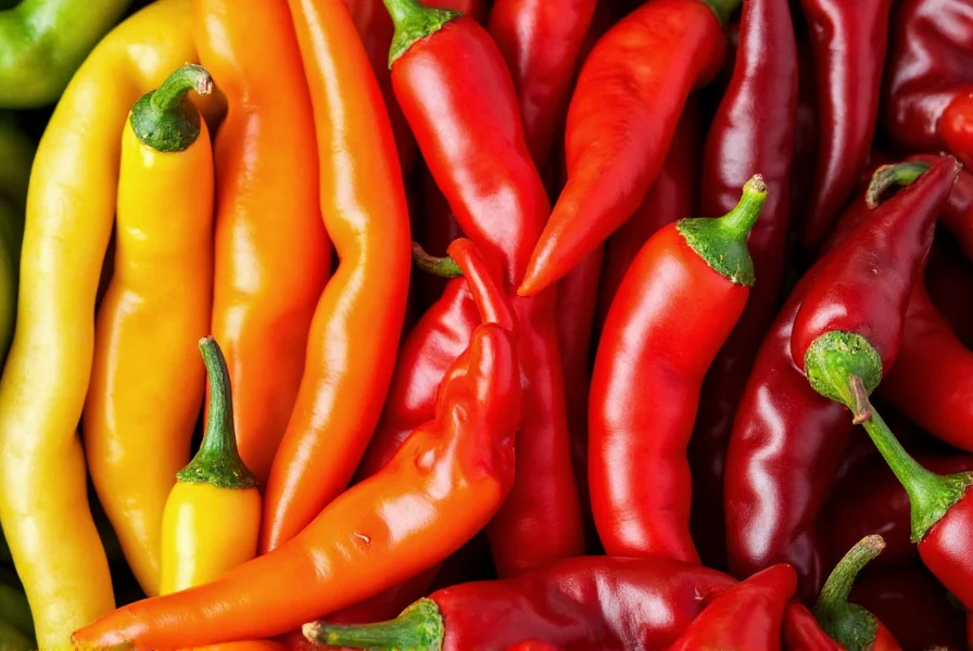 Close-up photography of various chili peppers arranged by heat level from mild to extreme, showing color variations and physical characteristics