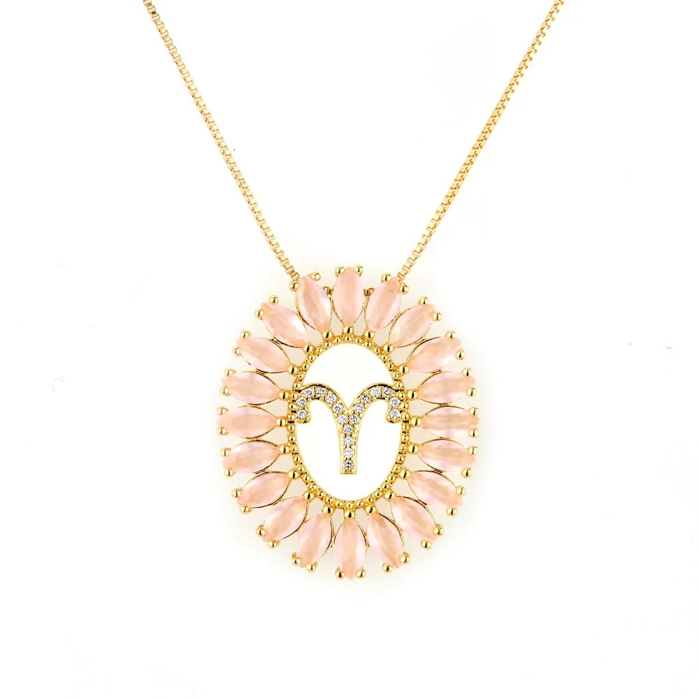

MSYO Fashion Round Pink Zircon Zodiac Necklace Couples Necklace, As picture
